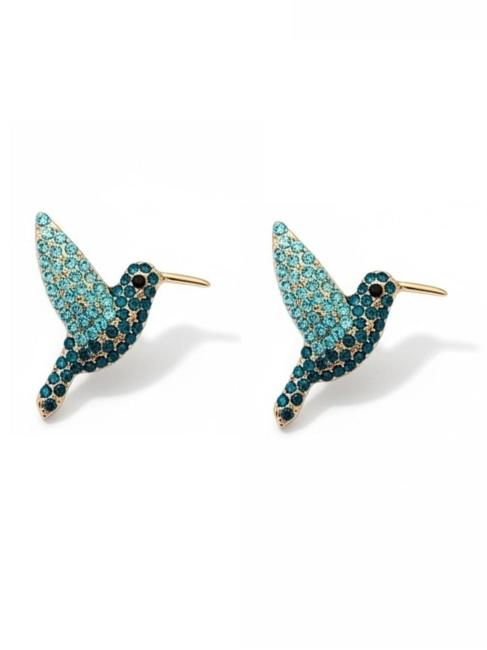 Hummingbird Light Blue Green Teal Allover Rhinestone Gold Post 1.5" Earrings